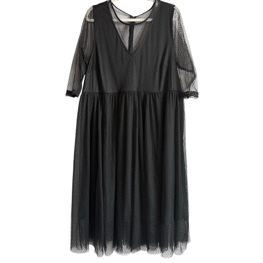 Torrid Womens Plus Size 22 Black Mesh Long Sleeve Midi Skater Dress Lined Gothic